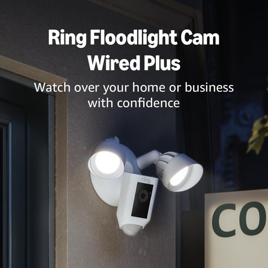Floodlight Cam Wired plus — Outdoor Home or Business Security with Motion-Activated 1080P HD Video and Floodlights, (2021 Release) White