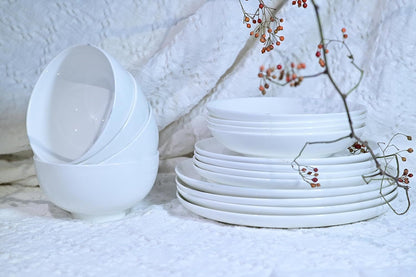 Lily Bone China Dinnerware Set, 16 Pieces, Service, For 4 White Plates, Dishes, Bowls Set, Microwave And Dishwasher Safe