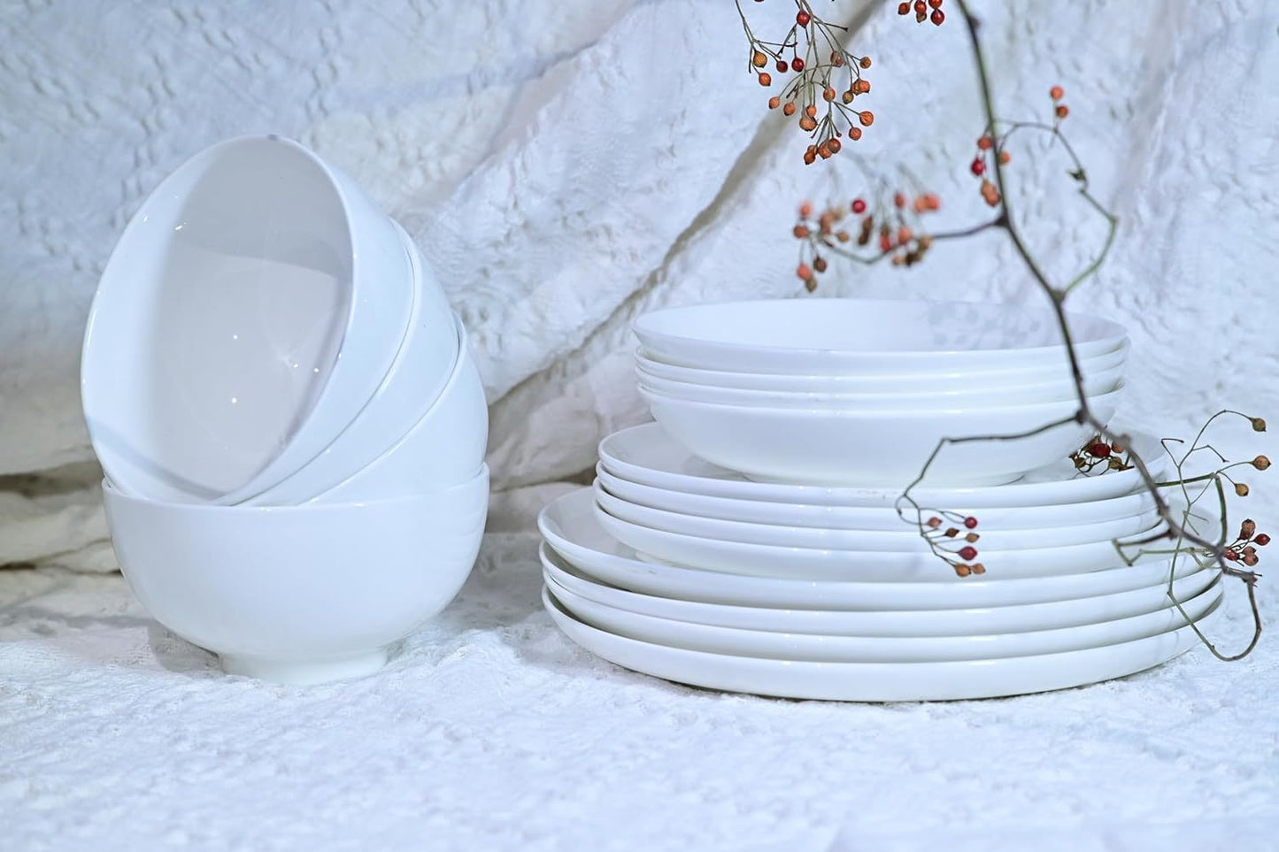 Lily Bone China Dinnerware Set, 16 Pieces, Service, For 4 White Plates, Dishes, Bowls Set, Microwave And Dishwasher Safe