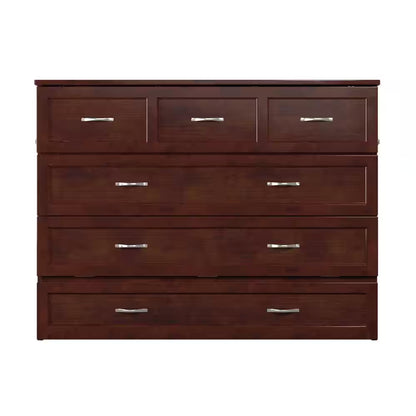Deerfield Walnut Brown Wood Frame Full Murphy Bed Chest with 6 In. Mattress, Storage Drawer and Built-In Charger
