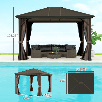10 X 12 Hardtop Gazebo With Curtains And Netting, Gazebo Canopy With Aluminum Frame And Hooks, Coffee