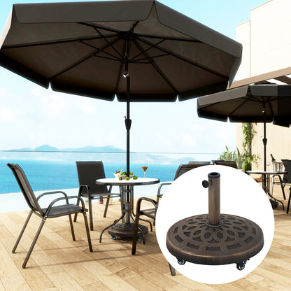 Round Patio Umbrella Base With Wheels, 46 Lbs Resin Umbrella Stand Base, Heavy Duty Patio Umbrella Holder For 1.31.51.9 Umbrella Poles For Outdoor, Lawn, Poolside, Bronze
