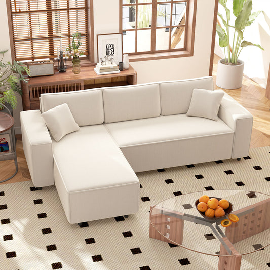 Corner Sofa With Reversible Chaise Lounge, Corduroy L-Shaped Sectional Sofa With Pocket Spring, Cream White