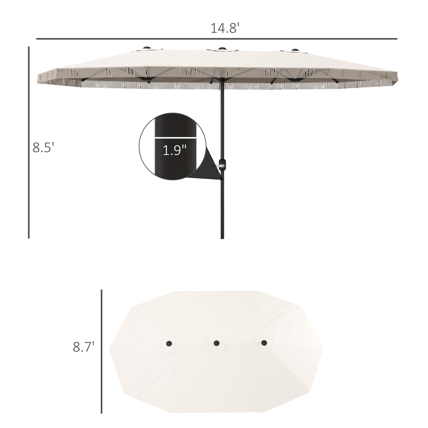 15ft Rectangle Patio Umbrella Extra Large Outdoor Umbrella With Fringe And Crank Handle, Cream White