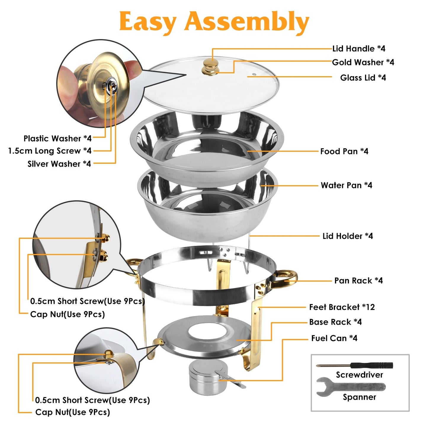 4Pcs Chafing Dish Buffet Set 4.76QT Round Buffet Servers Food Warmer Stainless Steel Catering Chafer With Glass Lid For Warming Cooling Gatherings Banquets Buffets Party Wedding
