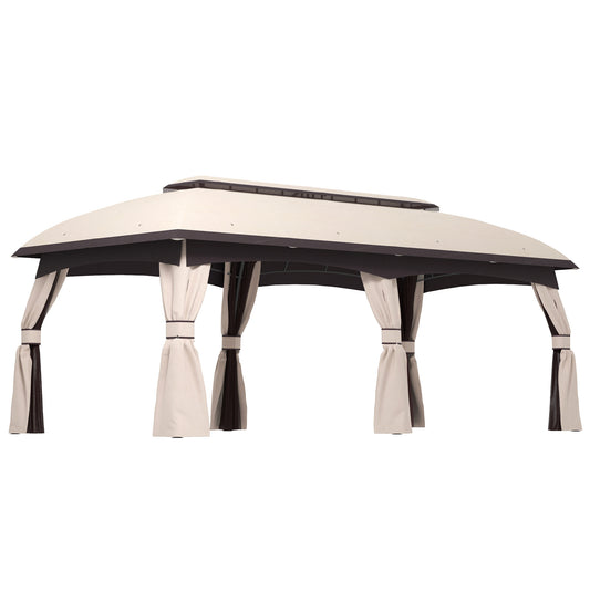 10 X 20 Patio Gazebo, Outdoor Gazebo Canopy Shelter With Netting, Vented Roof For Garden, Beige
