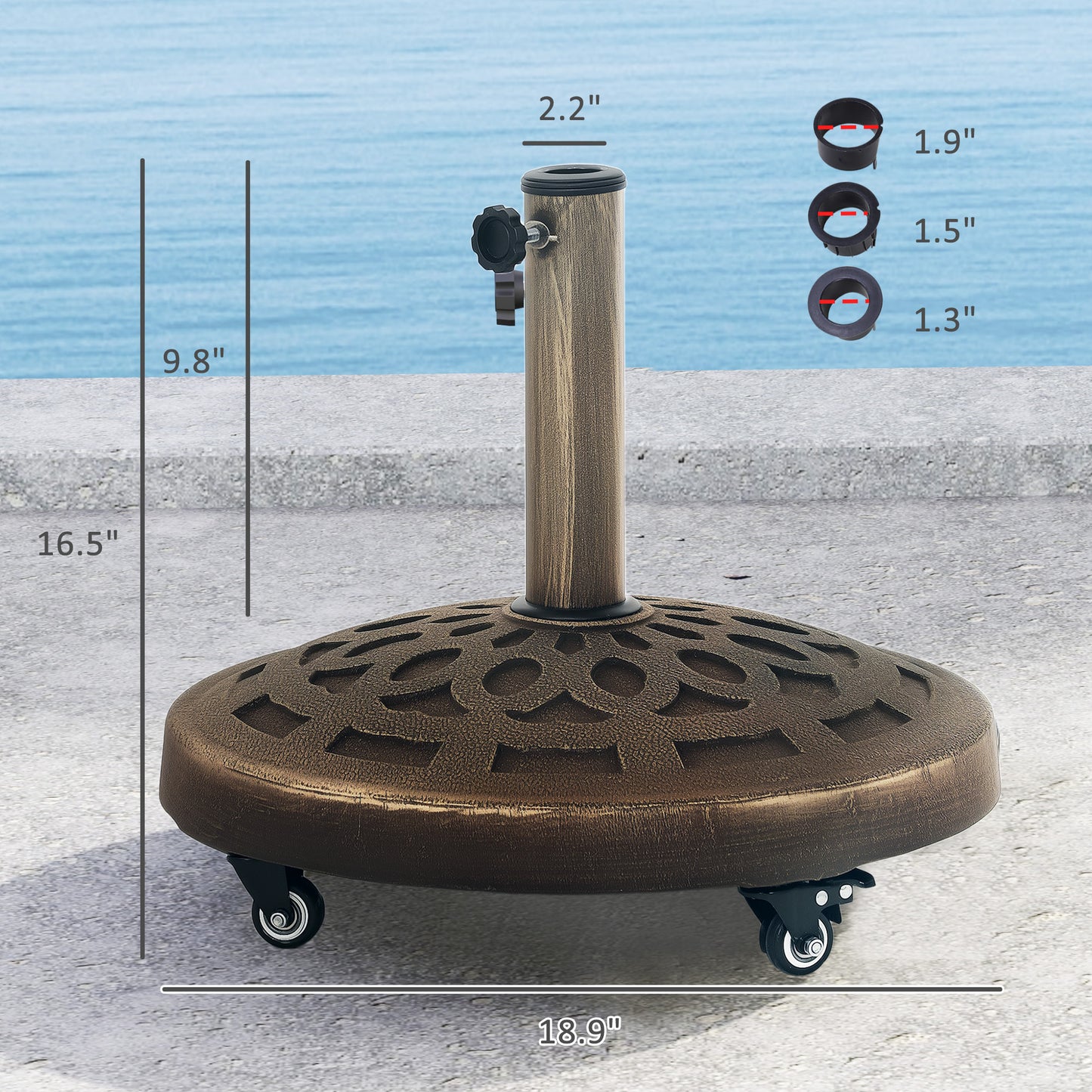 Round Patio Umbrella Base With Wheels, 46 Lbs Resin Umbrella Stand Base, Heavy Duty Patio Umbrella Holder For 1.31.51.9 Umbrella Poles For Outdoor, Lawn, Poolside, Bronze