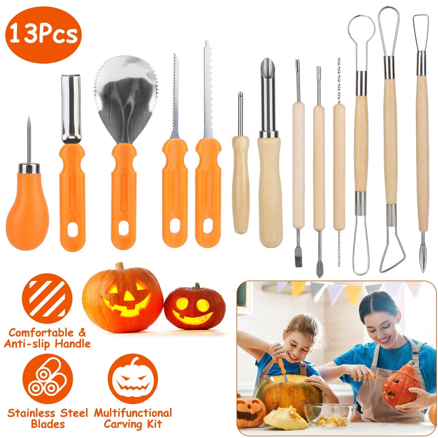 13Pcs Halloween Pumpkin Carving Kit Stainless Steel Carving Kit Pumpkin Sculpting Cutting Kit Halloween Decorative Tools