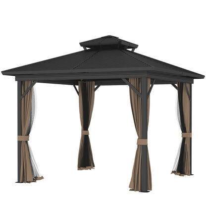 10 X 10 Hardtop Gazebo With Aluminum Frame, Metal Roof Gazebo Canopy W Hook, Curtains Included, Dark Brown
