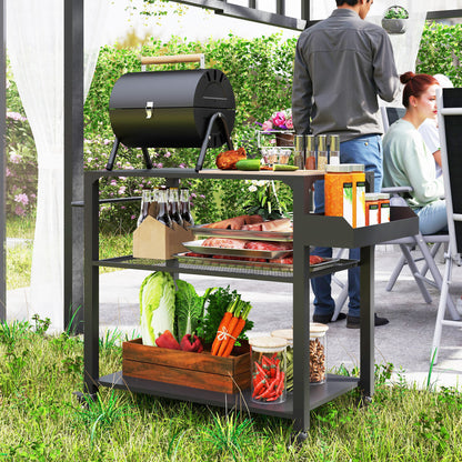 3-Tier Outdoor Grill Cart With Storage Racks, Side Handle, Movable Pizza Oven Table On Wheels