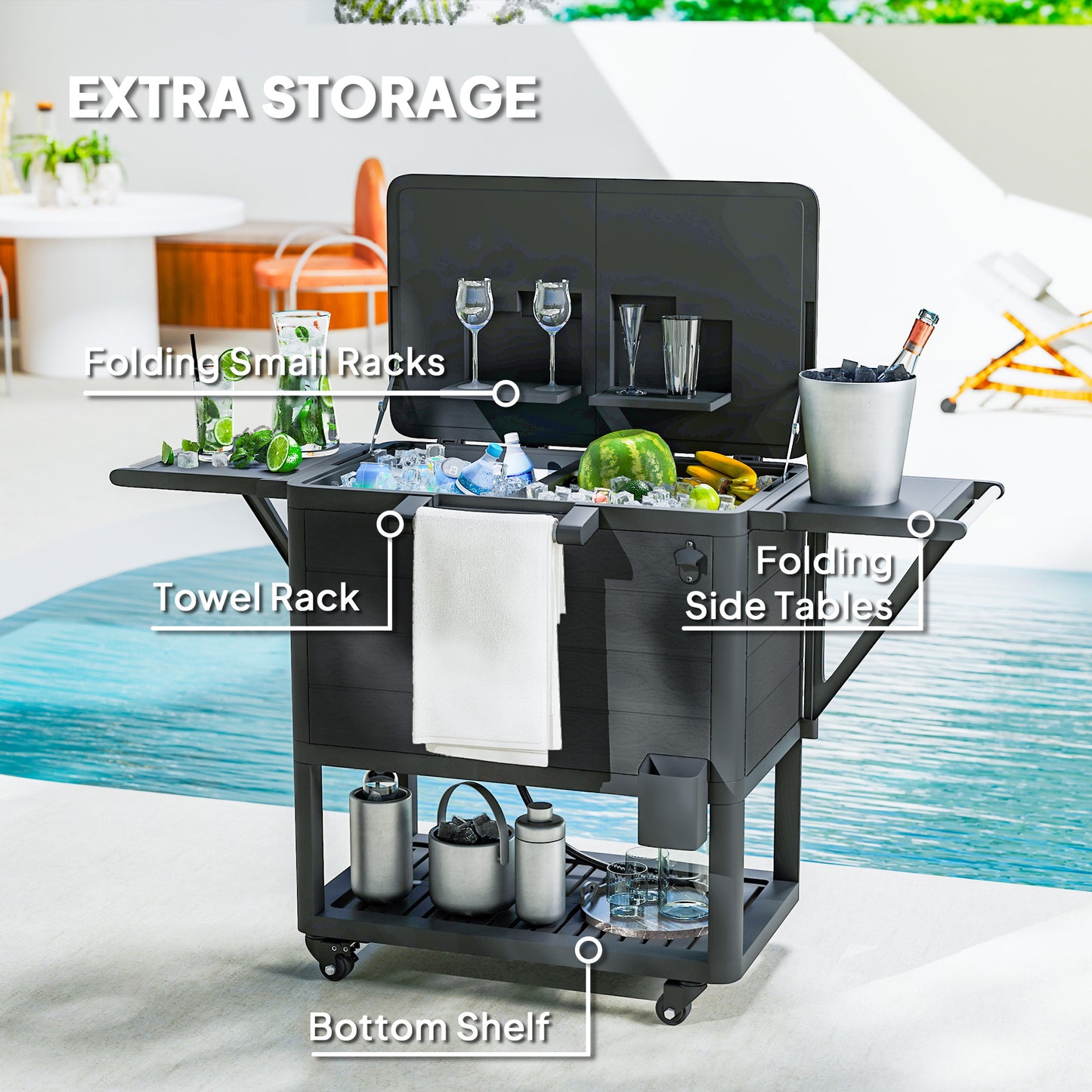 104 Quart Large Capacity Outdoor Cooler Cart, Patio Rolling Ice Chest With Bottle Opener Shelves Wheels, Black