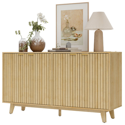 Fluted Sideboard Buffet Cabinet, 55 Coffee Bar Cabinet With 4 Doors, 2 Adjustable Shelves, 5 Wood Legs, Oak