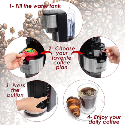 Black Single Serve Coffee Brewer K-Cup Pods Compatible & Ground, 30 Oz Compact Coffee Maker Single Serve with 5 Brew Sizes up to 14 Oz, Fits Travel Mug, Adjustable Drip Tray