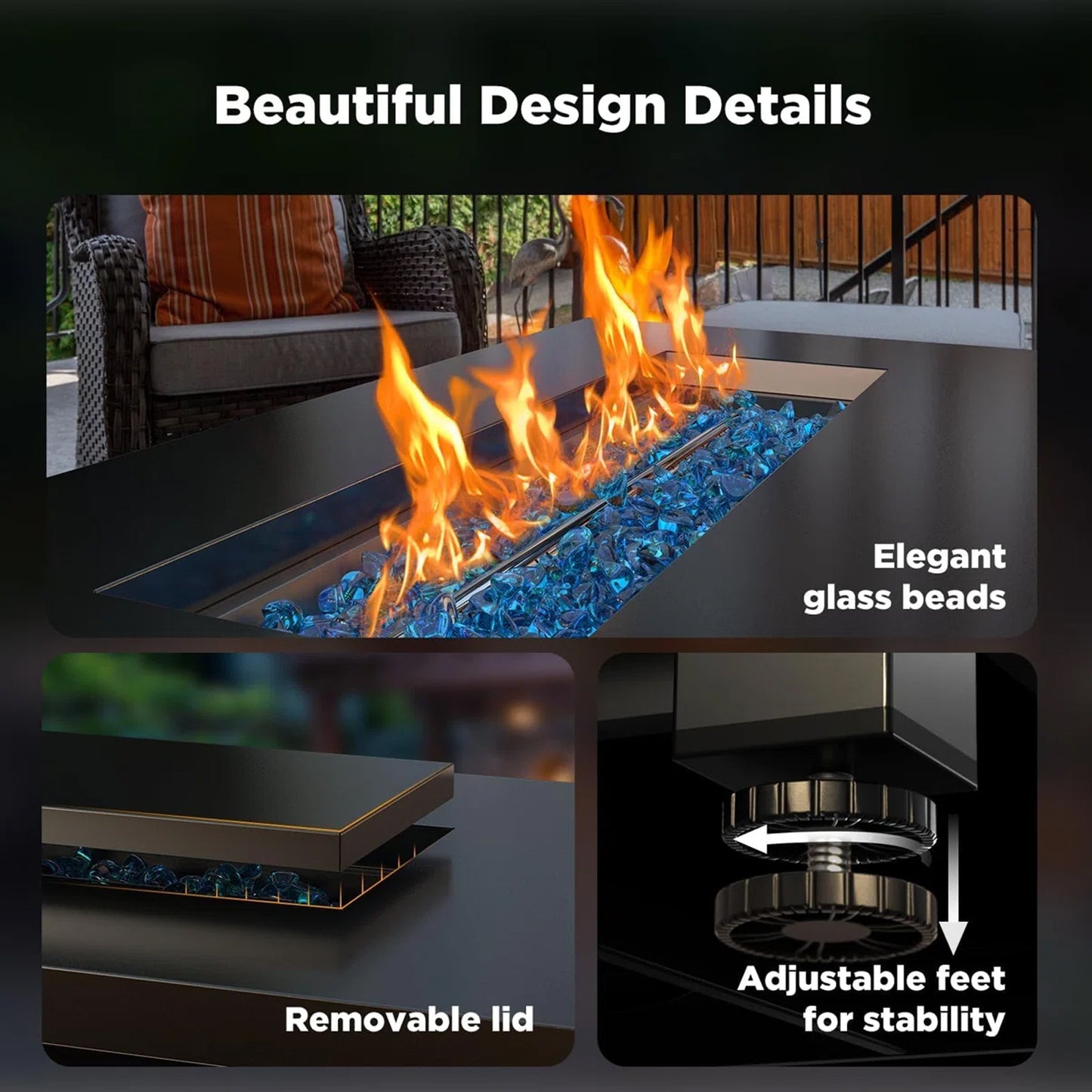 43" Propane Fire Pits for outside 60,000 BTU Gas Fire Pit Table for outside with Lid , Glass Beads, Cup Holders, Hanging Shelf & Nylon Cover, Rectangle