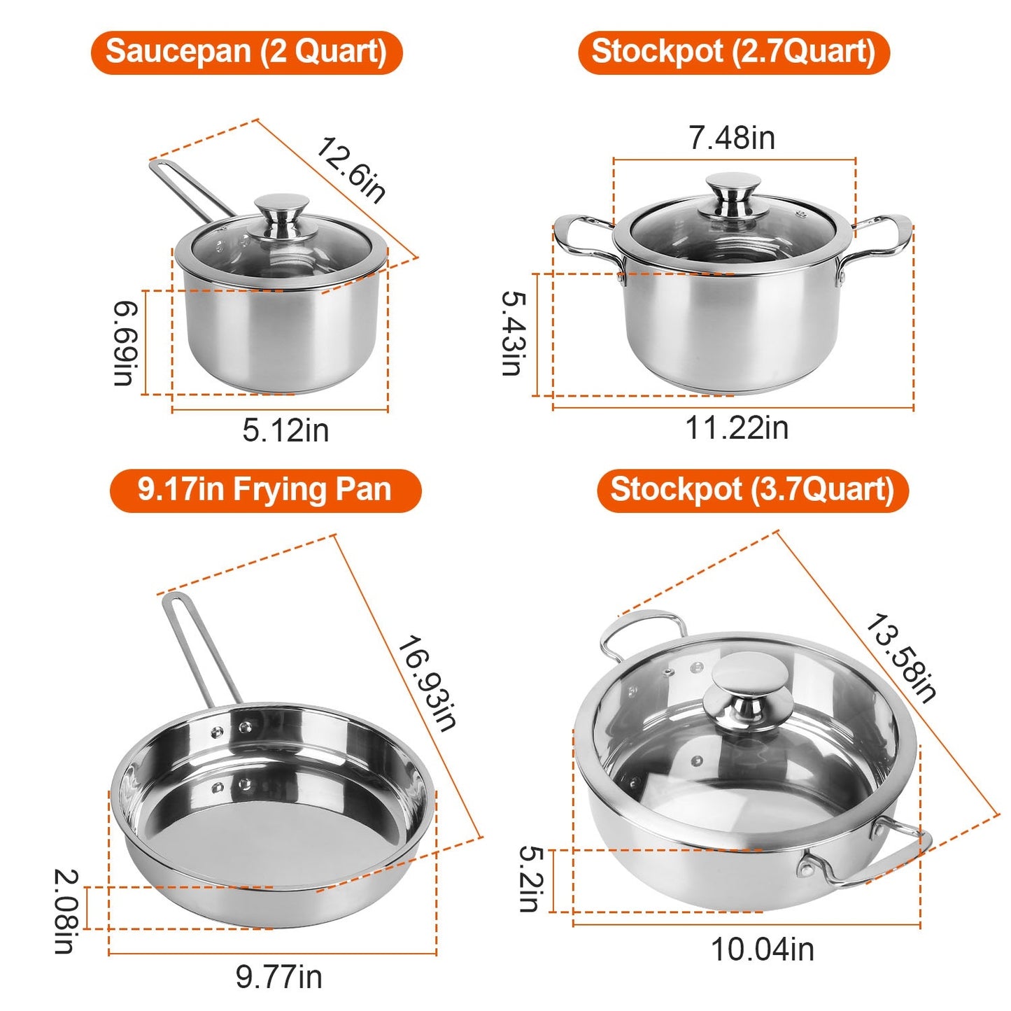 4Pcs Stainless Steel Cookware Set Frying Pan 2Quart Saucepan 2.7Quart 3.7Quart Stockpot With Lid Dishwasher Safe