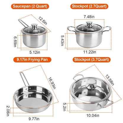 4Pcs Stainless Steel Cookware Set Frying Pan 2Quart Saucepan 2.7Quart 3.7Quart Stockpot With Lid Dishwasher Safe