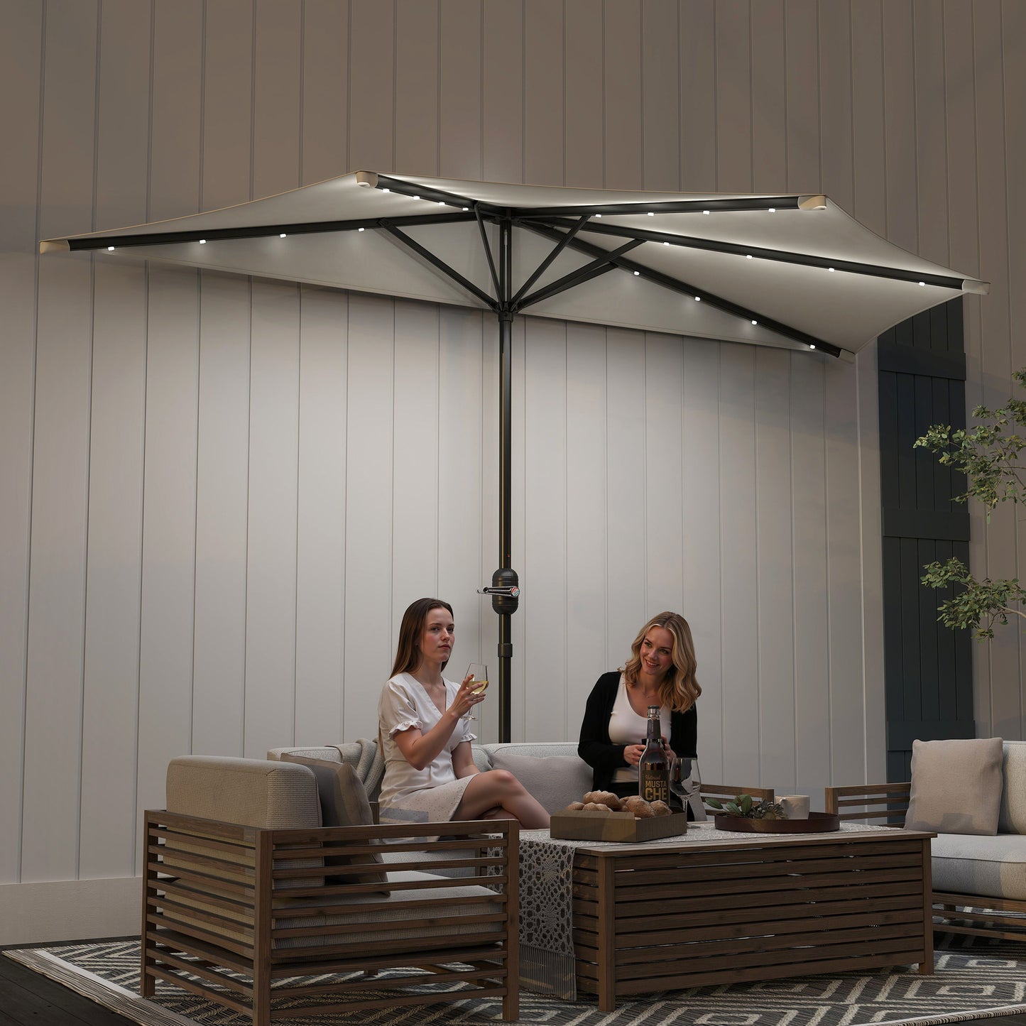 Half Outdoor Patio Umbrella,  Small Vented Half Patio Umbrella With Crank 8 Ribs For Balcony Porch Garden Deck Poolside, Cream White