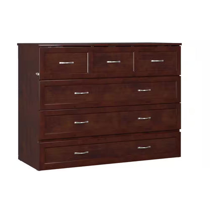 Deerfield Walnut Brown Wood Frame Full Murphy Bed Chest with 6 In. Mattress, Storage Drawer and Built-In Charger