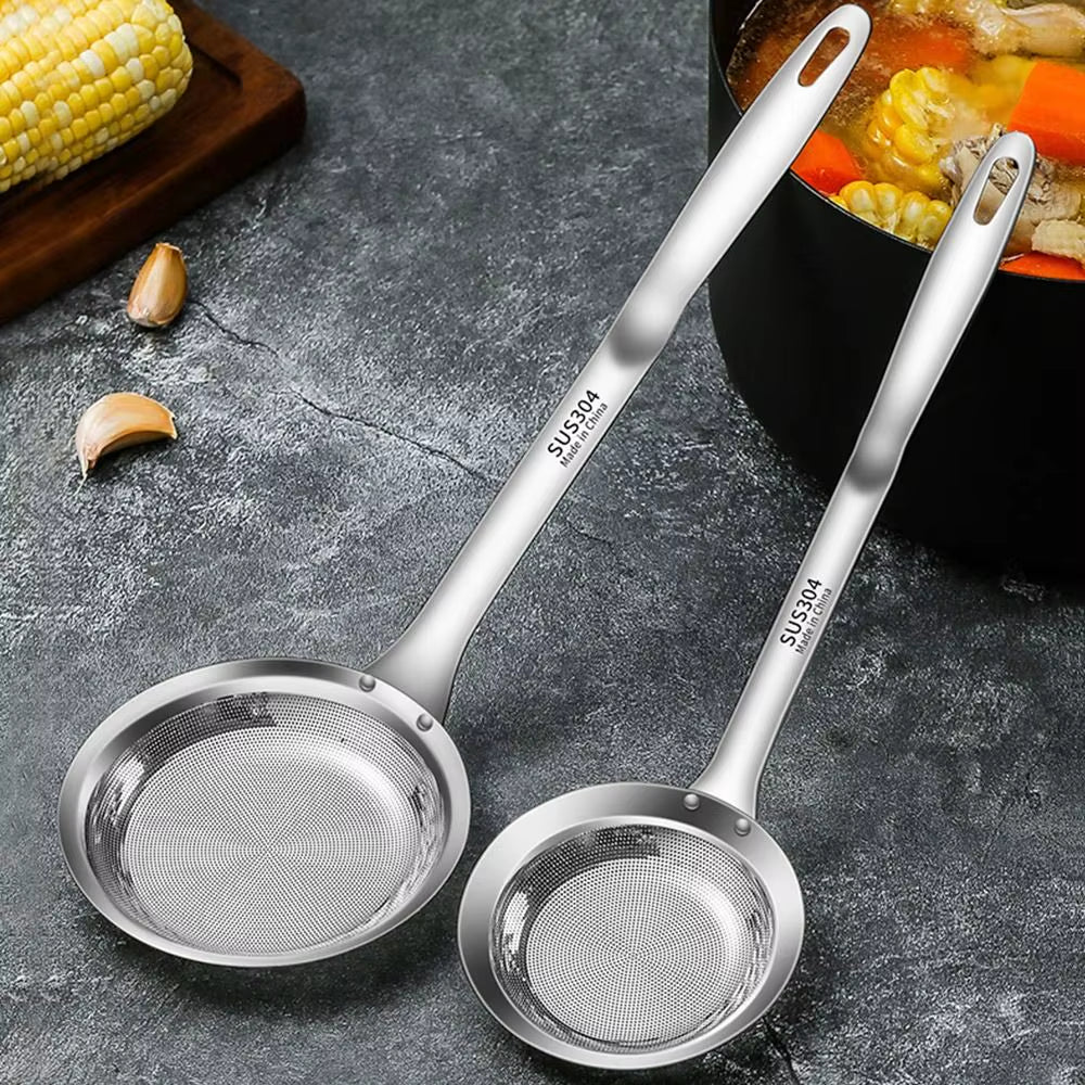 304 Stainless Steel Fat Skimmer Spoon Fine Mesh Grease Foam Removing Oil Dregs Fishing Percolator Fried Food Net Strainer