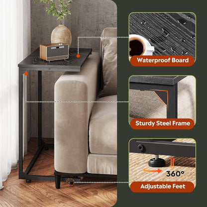 Black C-Shaped End Table, Small Side Tables for Sofa, Wide Couch Table That Slide Under, Laptop Snack Table for Living Room, Bedroom, Home Office, Black