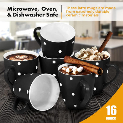 16 Oz Polka Dot Coffee Mug Set of 6, Large 16 Ounce Ceramic Mugcup Set in Black Polka Dot Design, Best Coffee Mug for Your Gift
