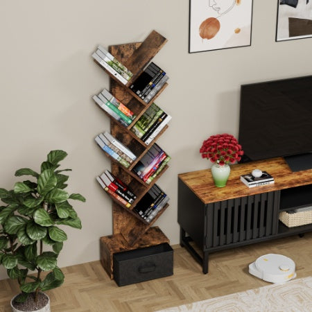 9 Tier Tree Bookshelf With Drawer Bookcase, Modern Book Storage, Free Standing Tree Bookcase, Utility Organizer Shelves For Home Office, Living Room, Bedroom, Rustic Brown