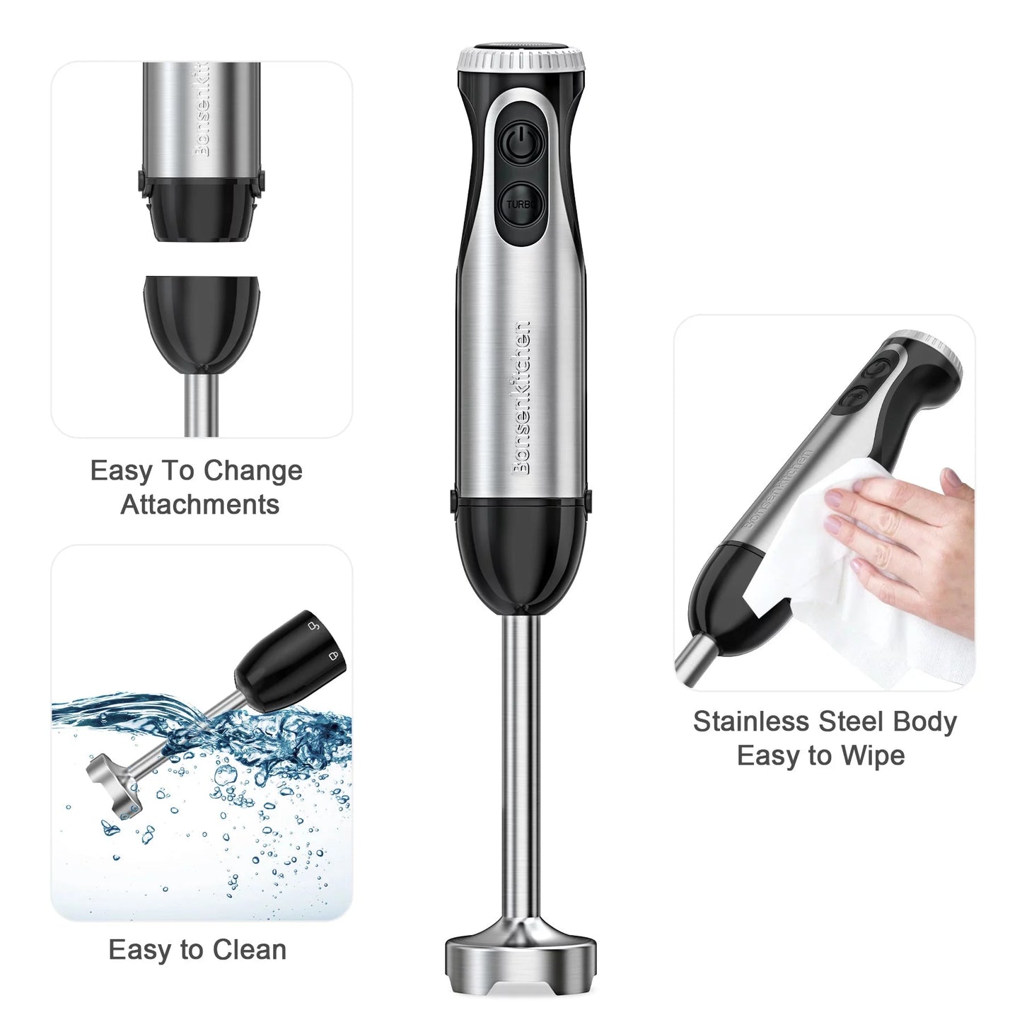 Immersion Hand Blender, Stainless Steel, 20-Speed, Handheld Mixer for Soup, Smoothies, Purees, Emulsifies