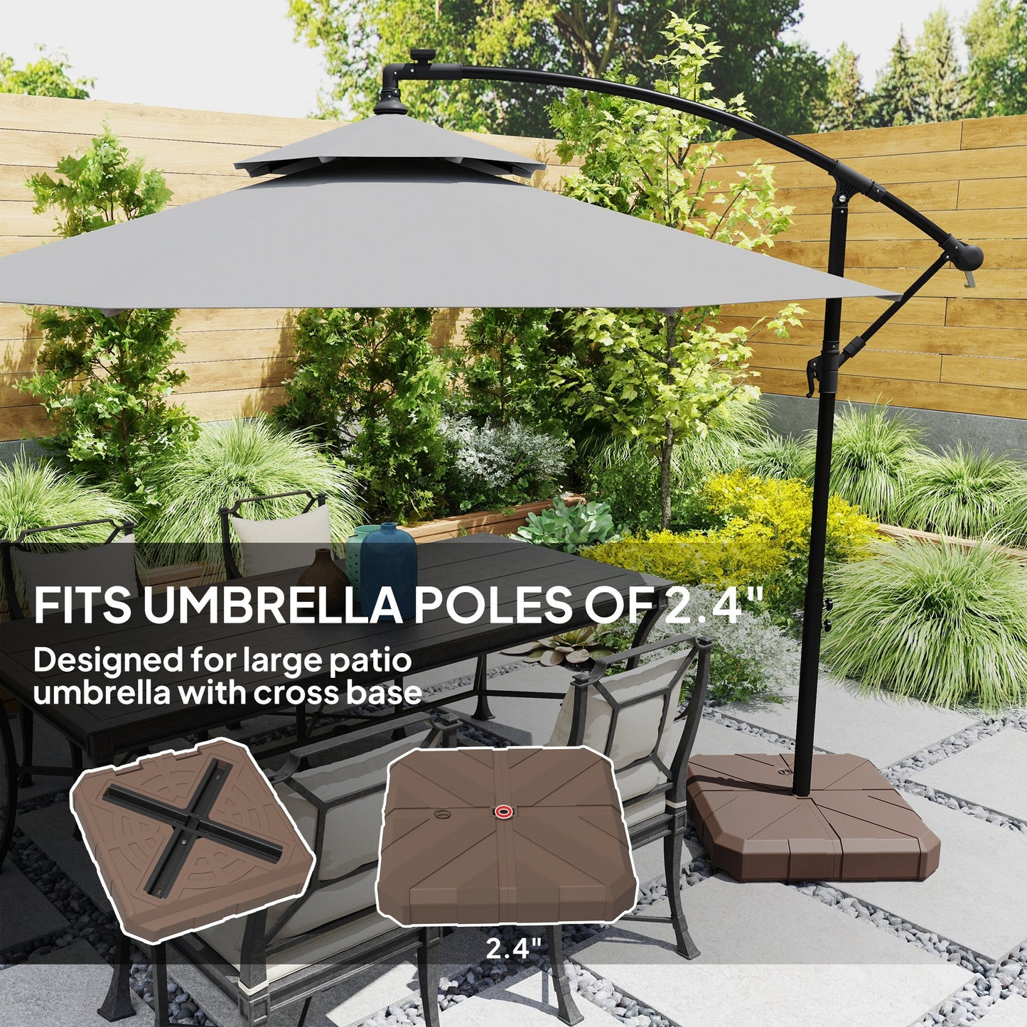 Square Patio Umbrella Base, Cantilever Offset Umbrella Base Heavy Duty Outdoor Umbrella Stand Base, Filled Up To 143lbs With Stand Or 130lbs With Water For Garden Poolside, Brown