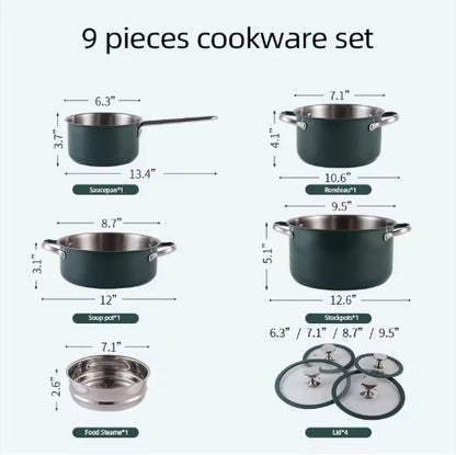 4pcs Stainless Steel Ceramic Coated Pot Set, Including 1 Milk Pot, 2 Stockpots, 1 Non-stick Pan, 4 LIDS And 1 Steamer Green