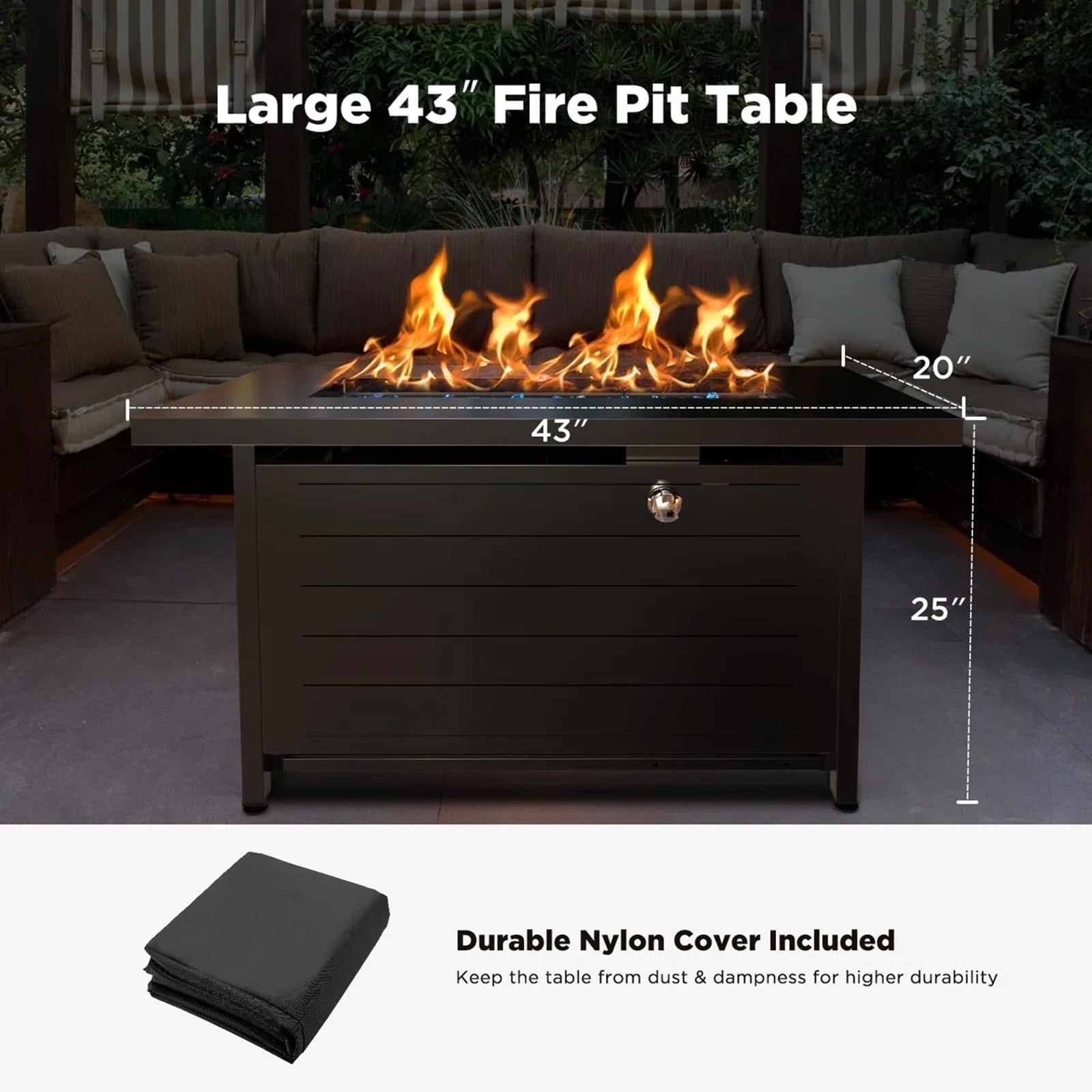43" Propane Fire Pits for outside 60,000 BTU Gas Fire Pit Table for outside with Lid , Glass Beads, Cup Holders, Hanging Shelf & Nylon Cover, Rectangle