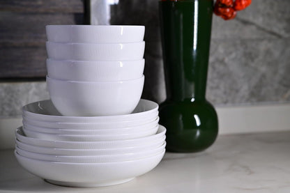 Setaria Bone China Dinnerware Set, 12 Pieces, Service For 4, Plates, Dishes, Bowls Set, Microwave And Dishwasher Safe, Ivory White With Narrow Curve Stripe
