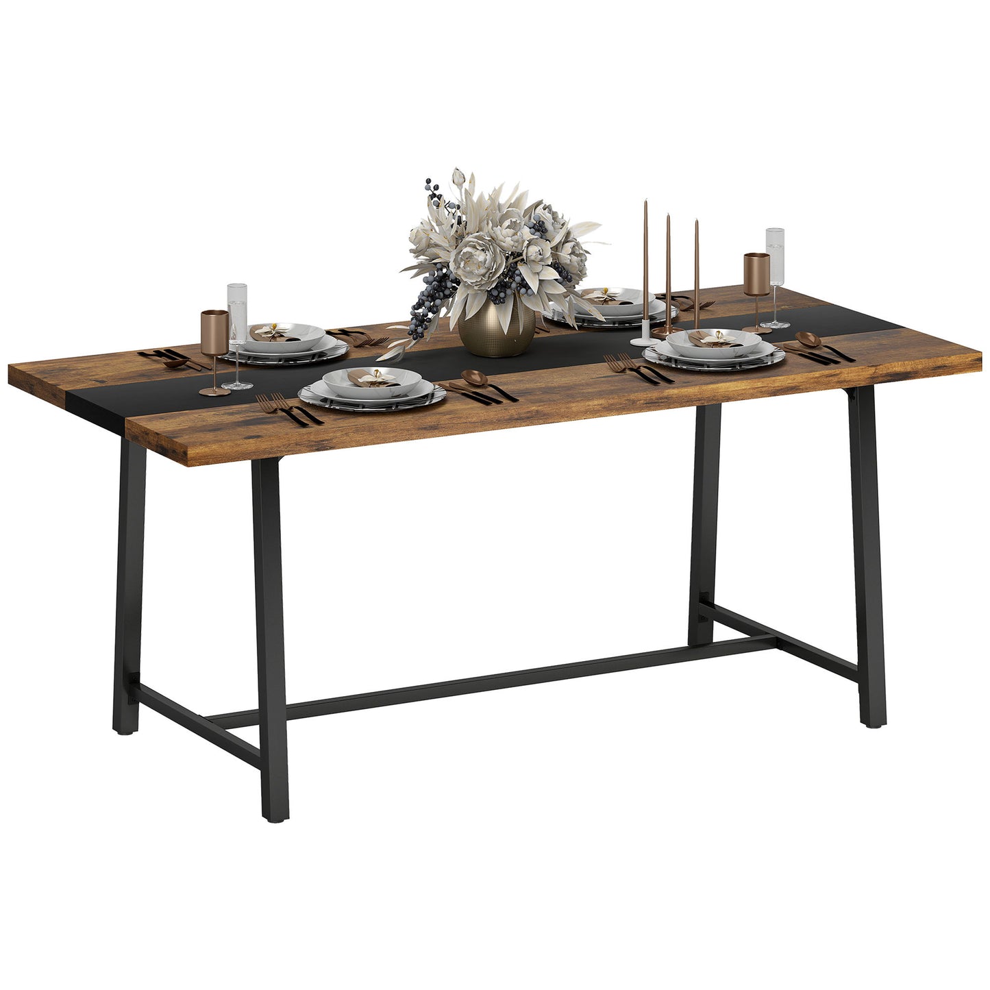 Industrial Kitchen Table For 8 People, 70.9 Long Dining Table With Large Tabletop And Steel Legs For Dining Room, Brown