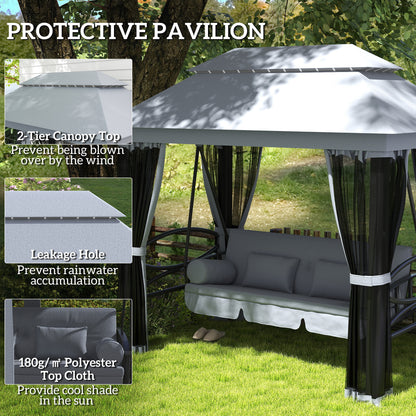 3-Seat Patio Swing Chair, Outdoor Gazebo Swing With Double Tier Canopy, Mesh Sidewalls, Cushioned Seat And Pillows, Gray