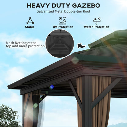 10 X 10 Hardtop Gazebo With Aluminum Frame, Metal Roof Gazebo Canopy W Hook, Curtains Included, Dark Brown