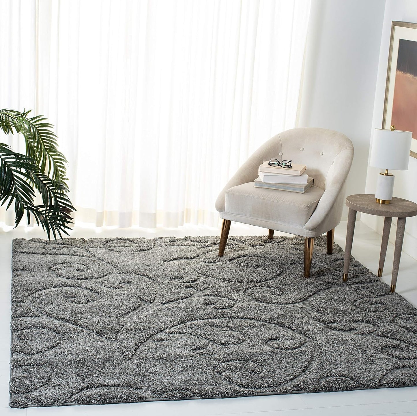 Florida Shag Collection Area Rug - 6'7" Square, Grey, Scroll Design, Non-Shedding & Easy to Clean, High-Low Plush Pile, Ideal for Living Room, Bedroom, Dining Space (SG455-8013)