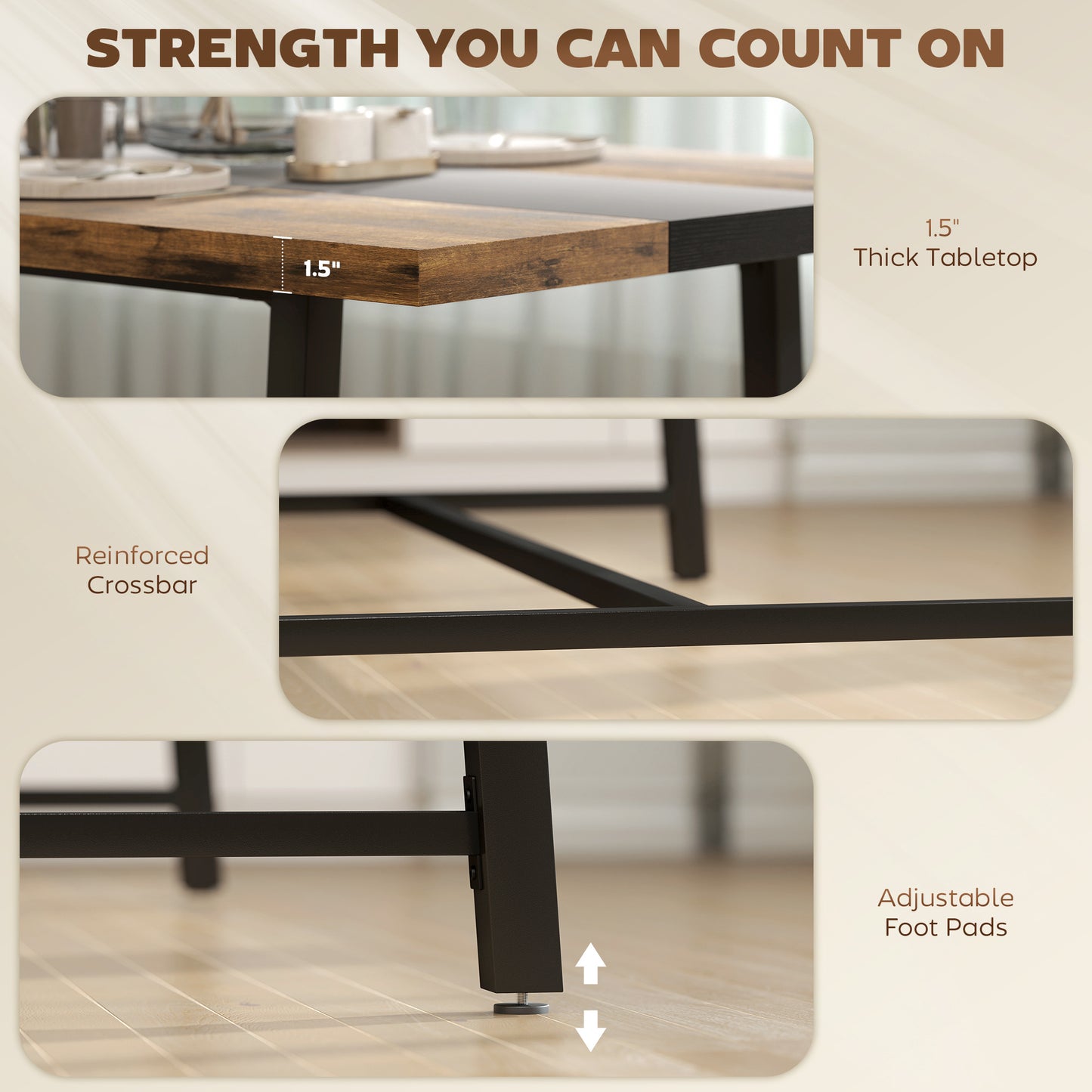 Industrial Kitchen Table For 8 People, 70.9 Long Dining Table With Large Tabletop And Steel Legs For Dining Room, Brown